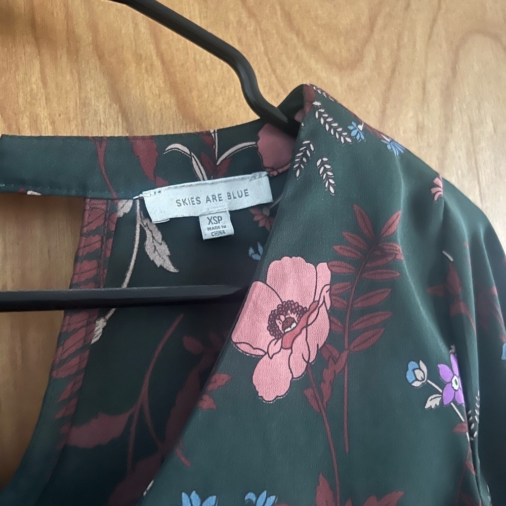Skies Are Blue Dark Green Blouse with Pink and Purple Floral Design - Picture 3 of 11